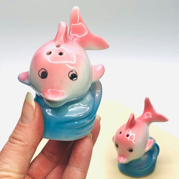 Vintage 60s Pink Dolphin Salt Pepper Shakers: Mid-Century Kitsch Tropical Pastel - Picture 1 of 10
